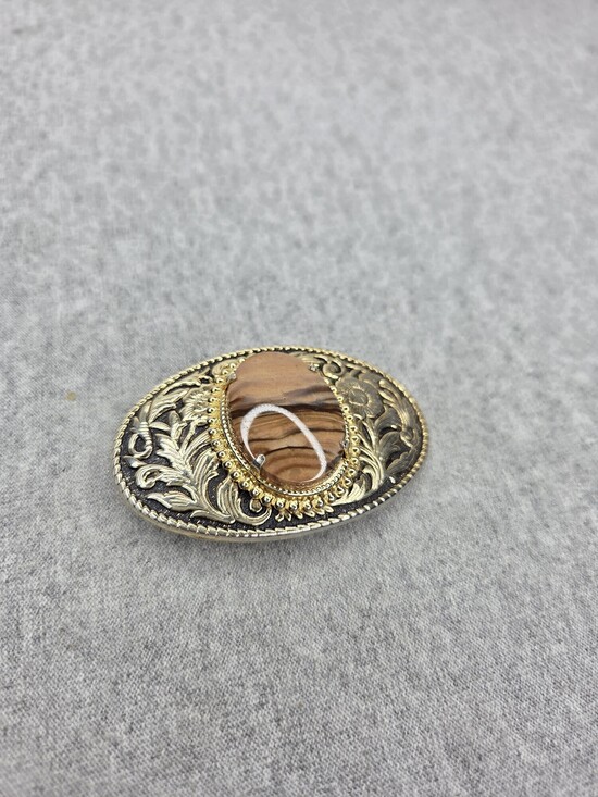 Accessories - Vintage Jasper Agate Stone Belt Buckle Silver Gold Tone Western Oval Womens